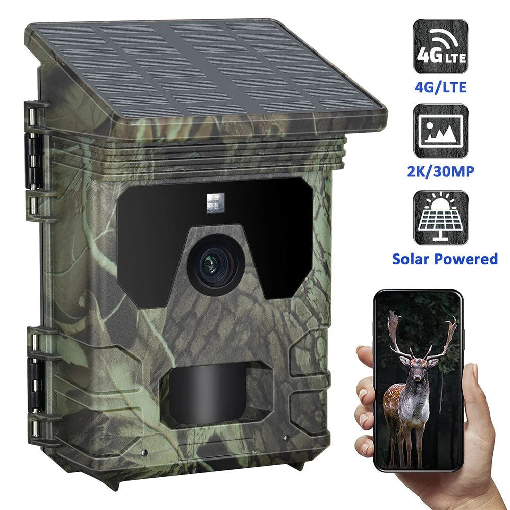 Tomshoo trail camera has 30MP resolution, 4G LTE connectivity, and solar power for long-lasting outdoor use.