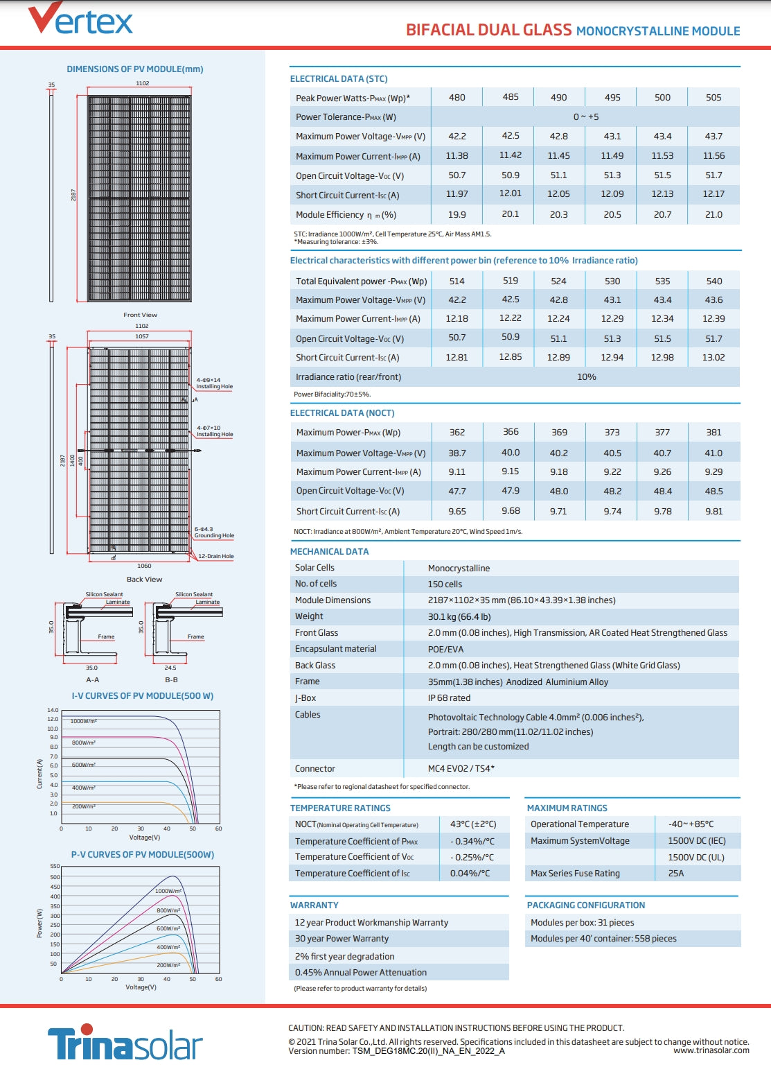 Trina Solar 500W solar panel features a peak power output of 480-505 watts for residential and commercial applications.