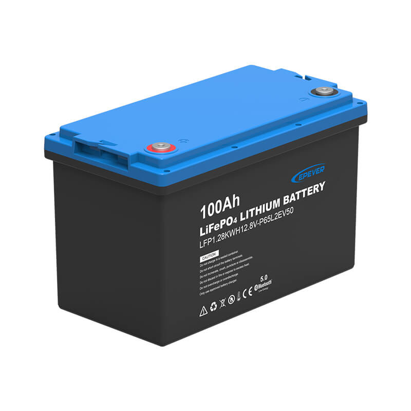 EPEVER 12.8V 100Ah LiFePO4 lithium battery with blue top cover and front label, positive and negative terminals