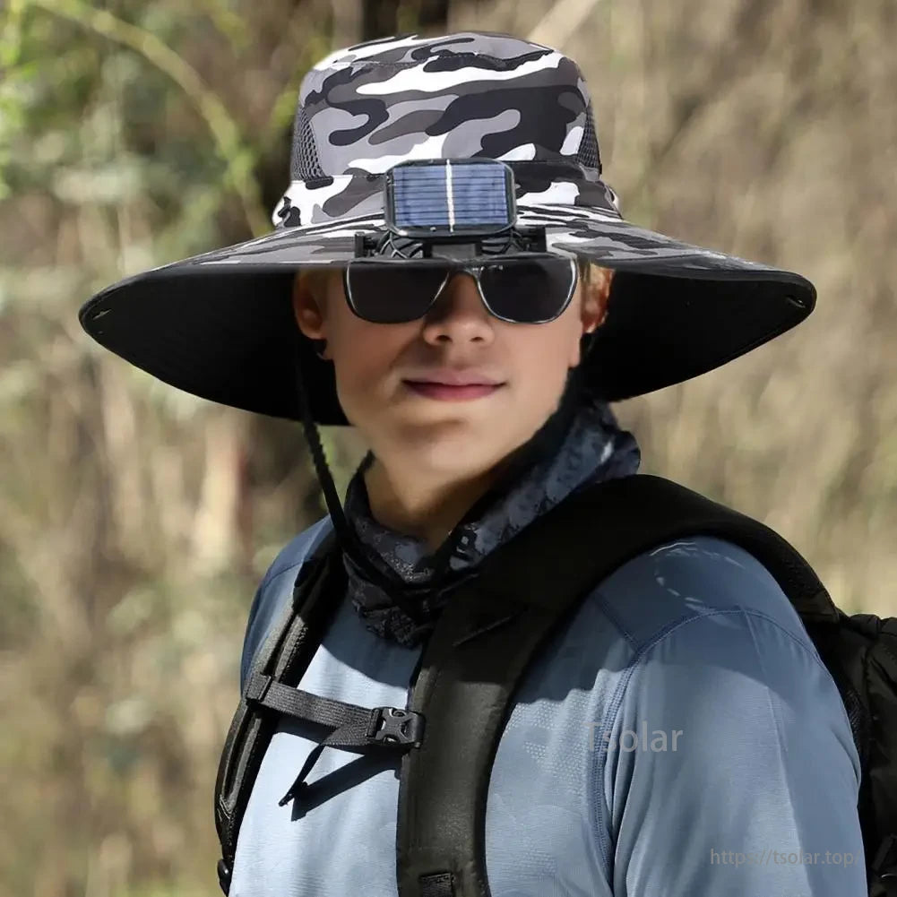 Unisex Solar Fan Sun Hat, Solar fan sun hat with dual fans, USB and solar rechargeable, waterproof and breathable mesh for outdoor activities like fishing and hiking.