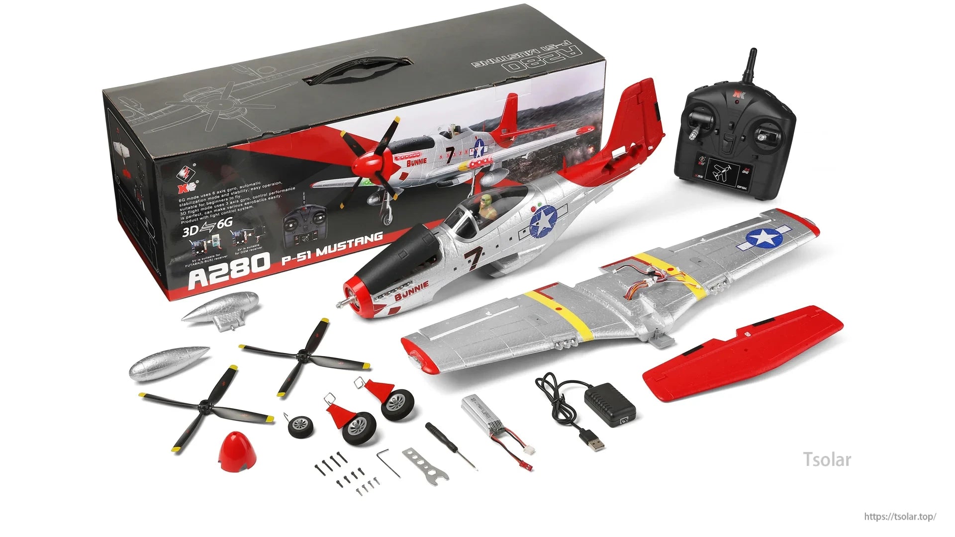 WLtoys XK A280 7.4V 600mAh Lipo Battery, The WLtoys XK A280 P-51 Mustang RC airplane includes battery, remote, and accessories. Features 3D flight, 6G gyro, auto-stabilization, and is beginner-friendly.