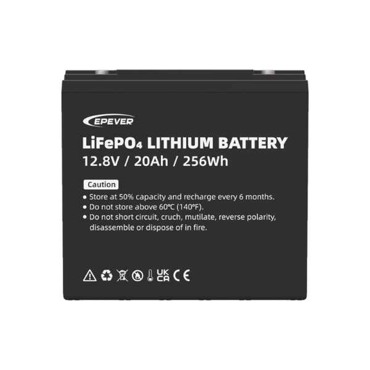 12.8V 20Ah LiFePO4 Lithium Battery, EPEVER LiFePO4 lithium battery labeled 12.8V 20Ah 256Wh, black rectangular case with front caution text.