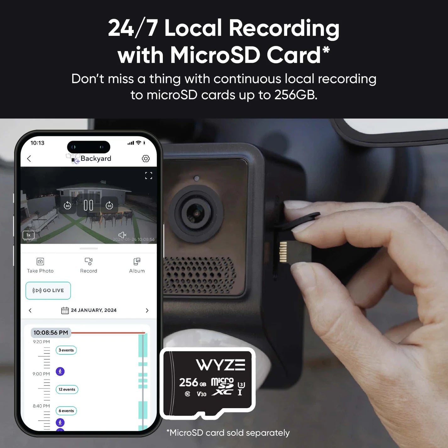 Wyze Cam Floodlight v2, Record and stream events with up to 256GB microSD cards, available 24/7.