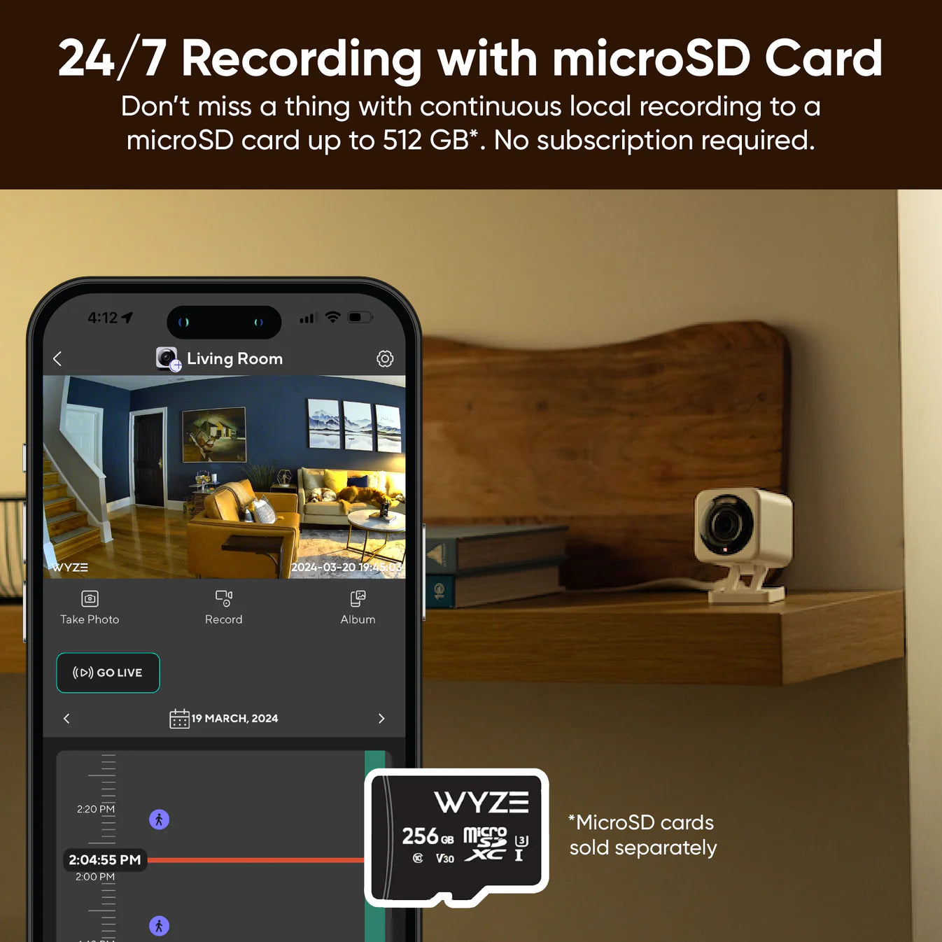 Wyze Cam v4, Advanced recording capabilities with microSD cards up to 512GB, no subscription needed.