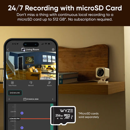 Wyze Cam v4, Advanced recording capabilities with microSD cards up to 512GB, no subscription needed.