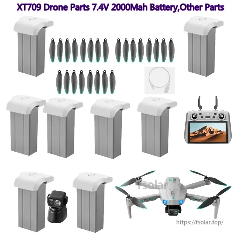XT709 GPS Brushless RC Drone Lipo Battery, XT709 drone components include a 7.4V 2000mAh battery, propellers, charger, remote control, camera, and various accessories for operation and maintenance.
