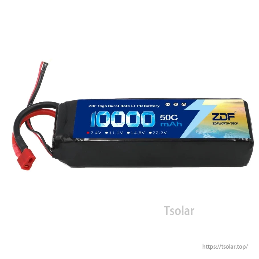 ZDF 2S 7.4V 10000mAh 50C (100C Max) Lipo Battery, ZDF 10000mAh 7.4V 2S LiPo battery with 50C continuous and 100C max burst discharge rates, ideal for high-performance RC applications.
