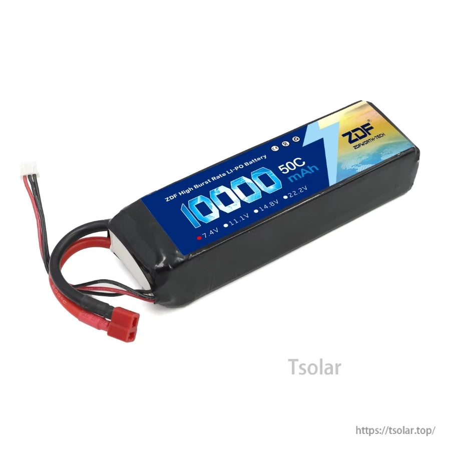 ZDF 2S 7.4V 10000mAh 50C (100C Max) Lipo Battery, High-performance 7.4V 10000mAh 50C LiPo battery with high burst rate, multiple voltage options, red connector, and ZDF 2S configuration.