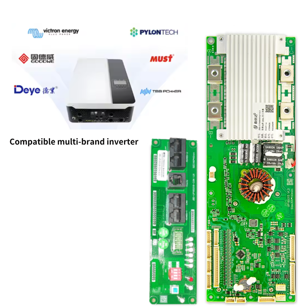 JBD Smart BMS shown with inverter brand compatibility graphic and separate communication interface board