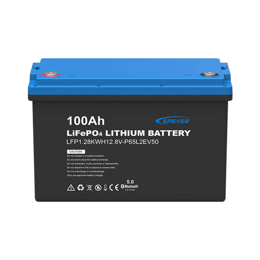 EPEVER 12.8V 100Ah LiFePO4 lithium battery with blue top and terminal posts, model LFP1.28KWH12.8V