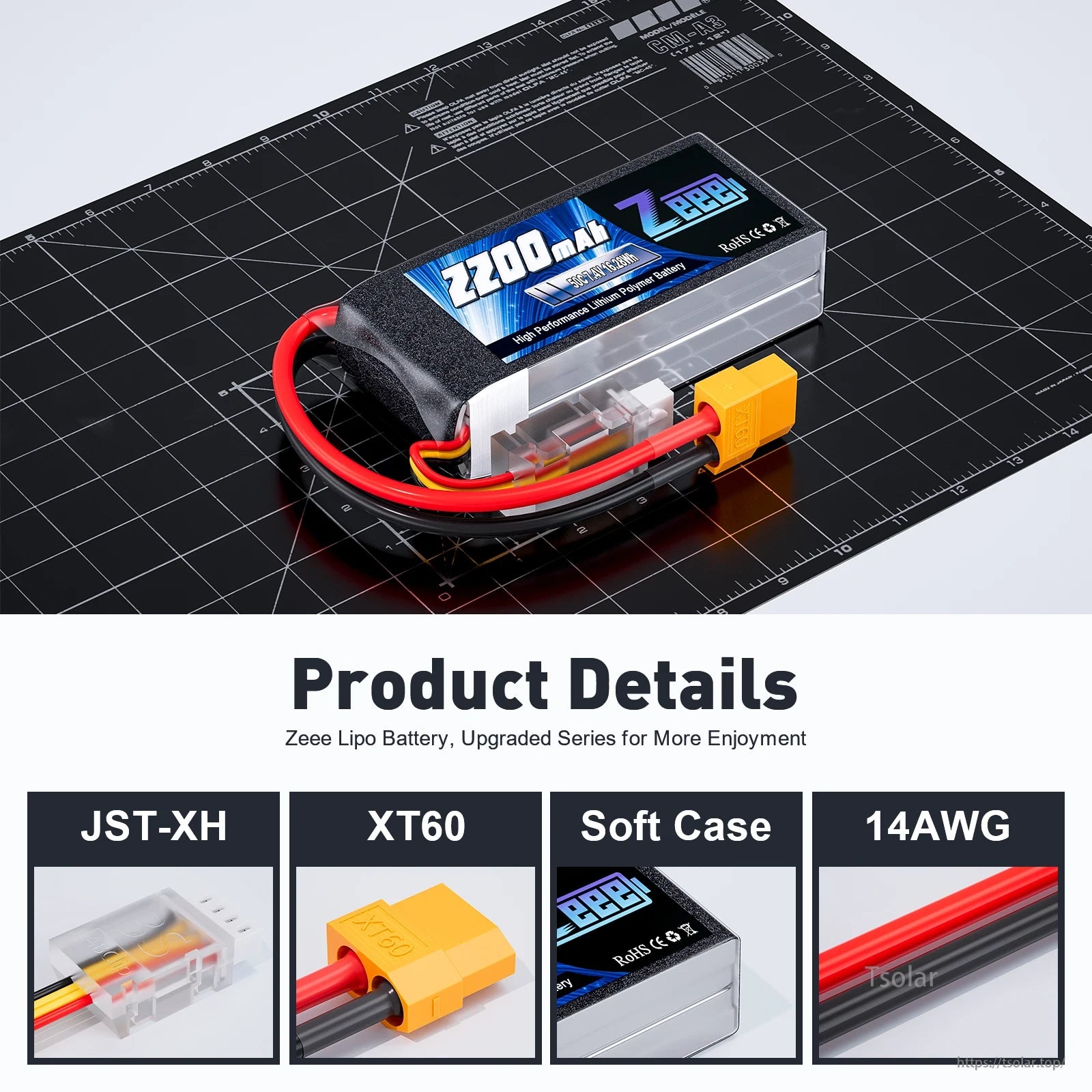 Zeee 2S 2200mAh Shorty RC Lipo Battery, Zeee 2S 2200mAh LiPo battery, 7.4V 35C, with JST-XH and XT60 connectors, offers reliable, lightweight power for drones, cars, and planes.