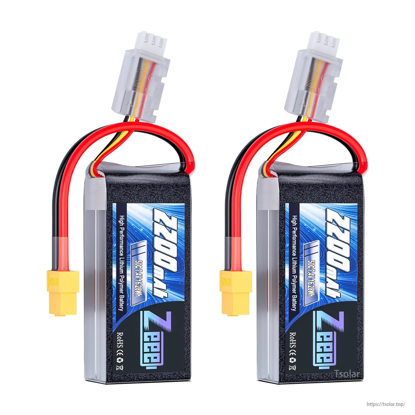 Zeee 2S 2200mAh Shorty RC Lipo Battery, A pack of 2 LiPo batteries for RC cars, buggies, and drones, with a capacity of 2200mAh and a voltage of 7.4V.