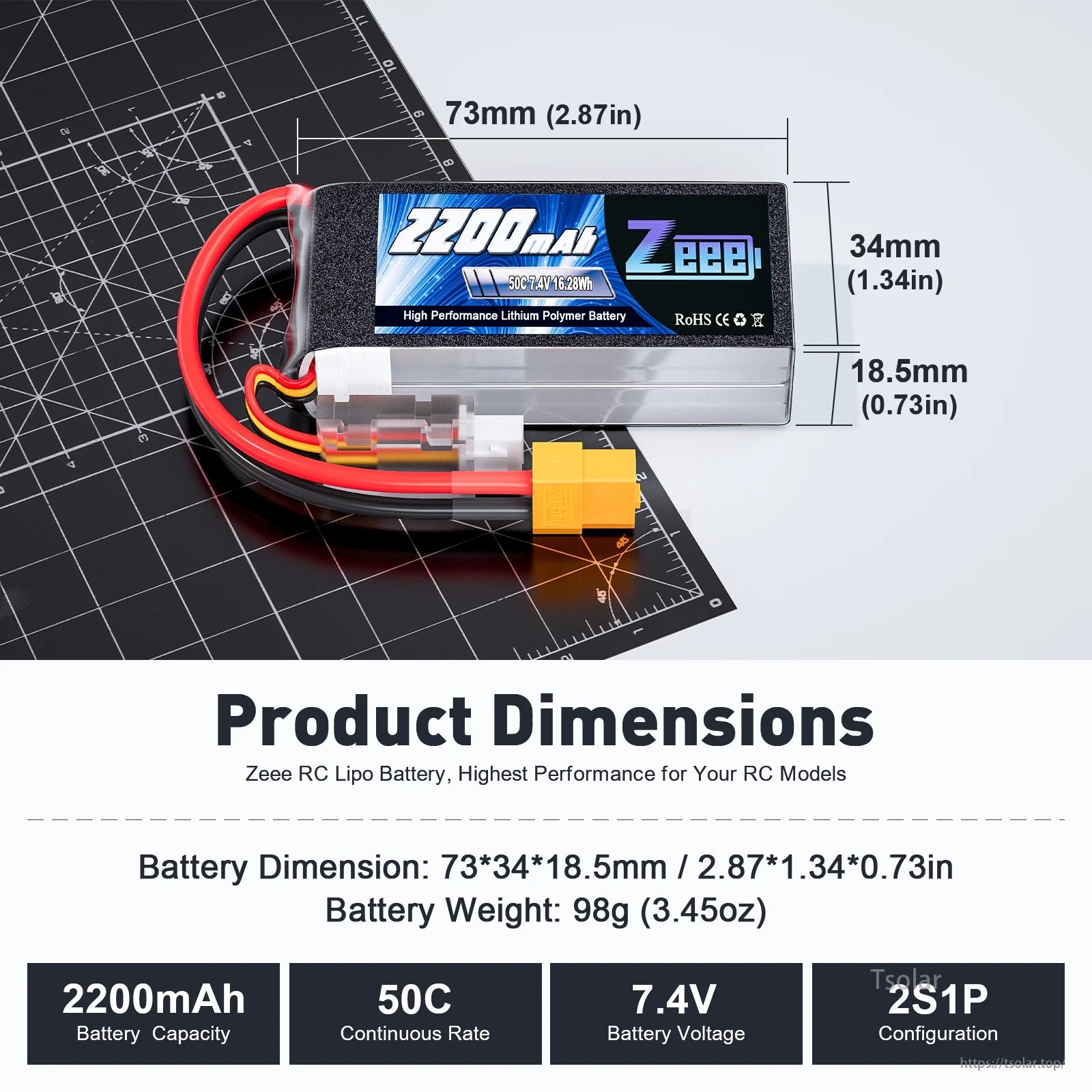 Zeee 2S 2200mAh Shorty RC Lipo Battery, Zeee 2S 2200mAh LiPo battery, 7.4V, 50C, 98g, compact size, high-performance for RC models, RoHS compliant, includes XT60 connector and shorty design.