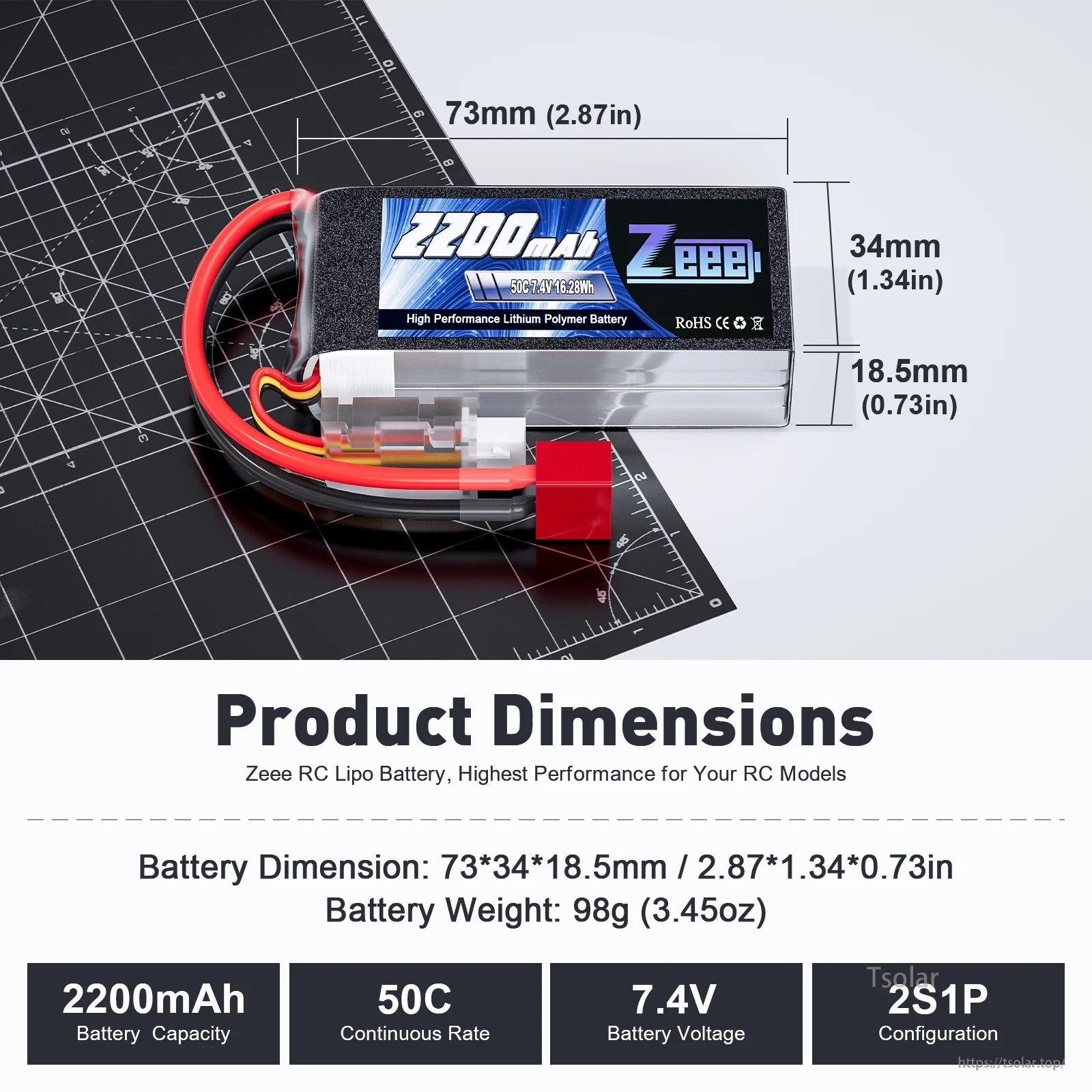 Zeee 2S 2200mAh Shorty RC Lipo Battery, Zeee 2200mAh 50C 7.4V LiPo battery, 98g, 73×34×18.5mm, red connector, high-performance RC use with clear labeling.