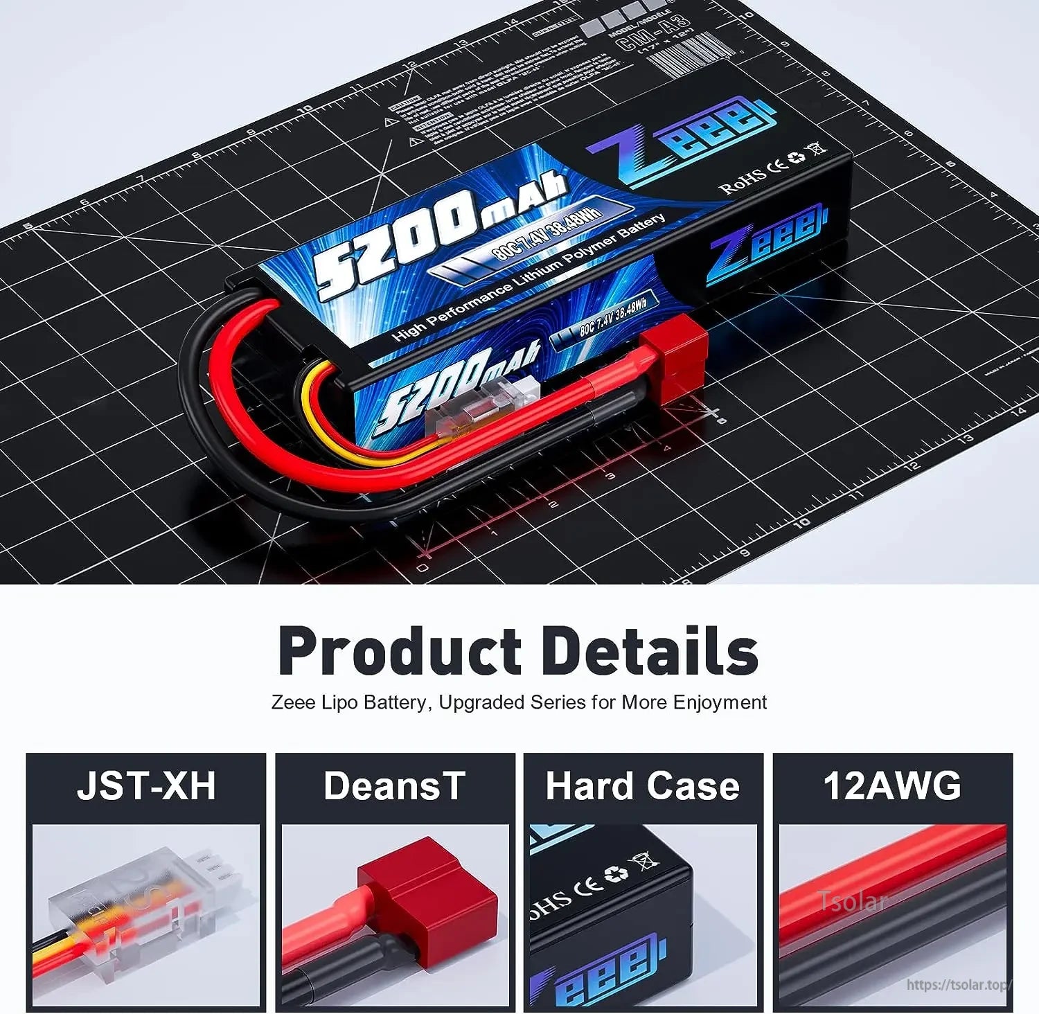 Zeee 2S RC LiPo Battery, Zeee 5200mAh 2S 7.4V LiPo battery, 38.48Wh, RoHS certified, with JST-XH, DeansT connectors, hard case, 12AWG wires—high performance, upgraded for enhanced use.