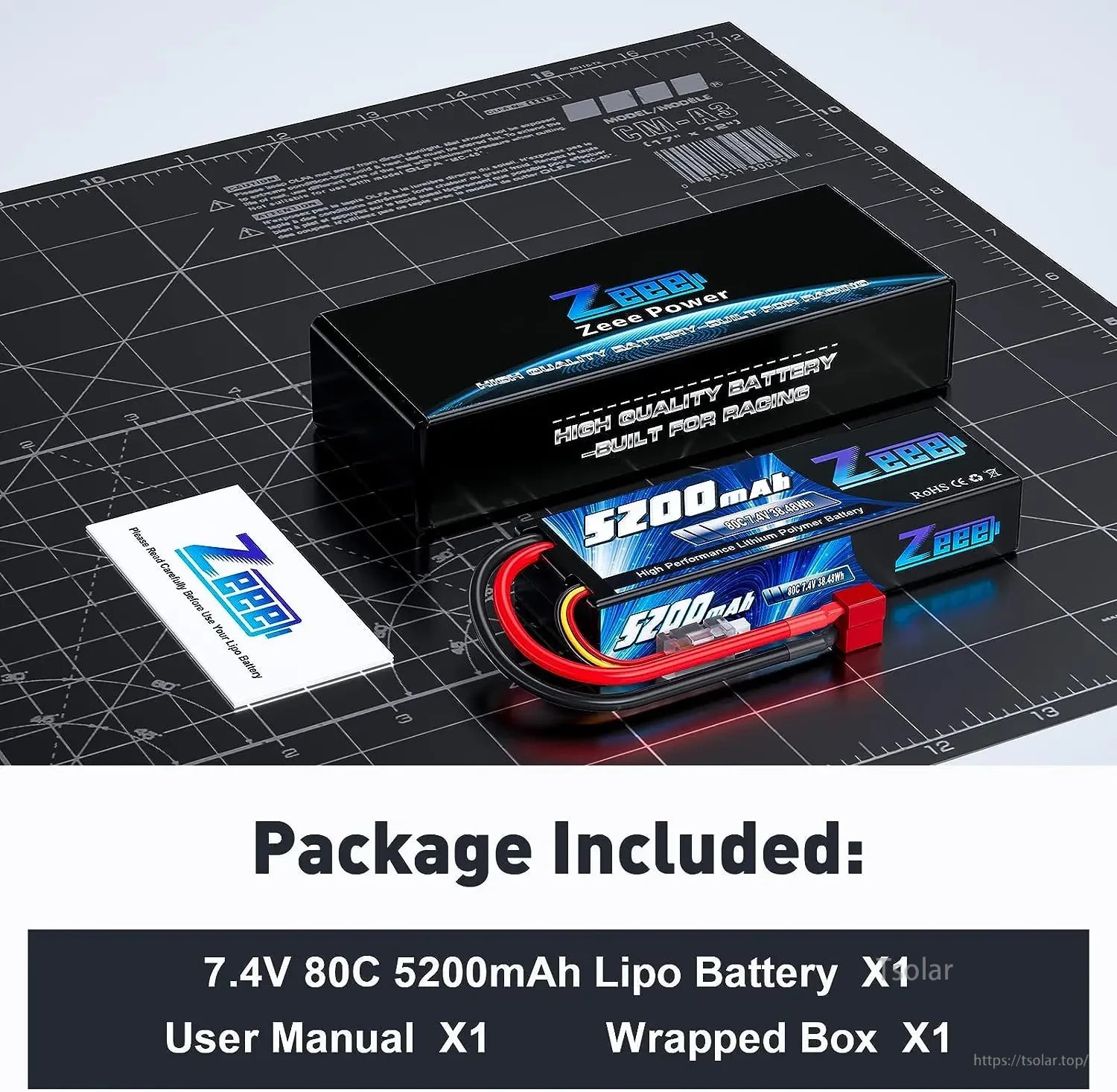 Zeee 2S RC LiPo Battery, High-performance 7.4V 80C 5200mAh LiPo battery for racing, RoHS-compliant, includes manual and box, with safety warnings.