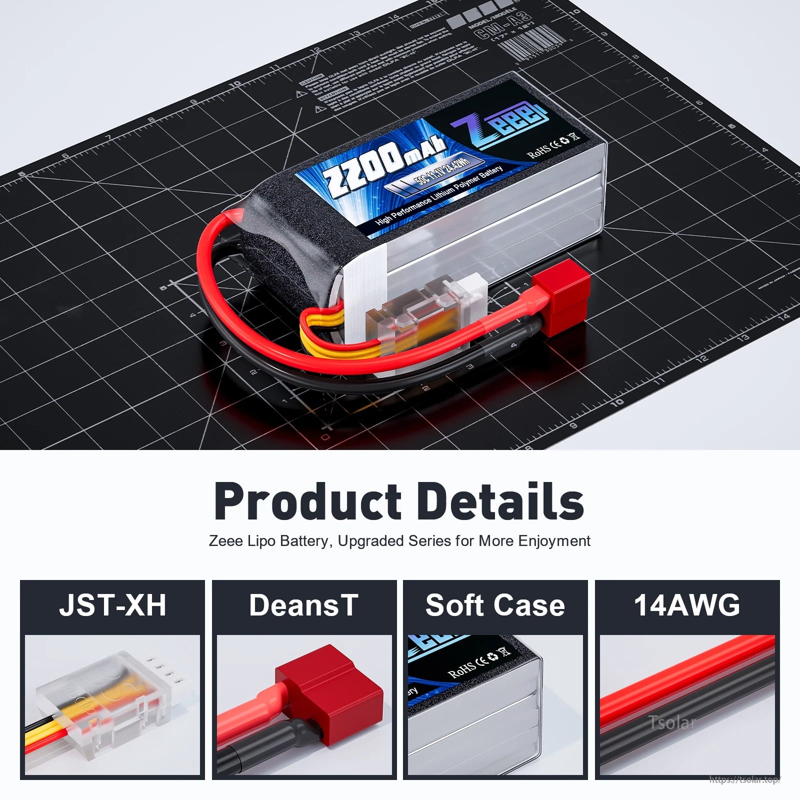 Zeee 3S 2200mAh LiPo Battery, Zeee 3S 2200mAh 11.1V 25C LiPo battery with JST-XH and Deans connectors, soft case, 14AWG wire—high-performance power for enhanced RC enjoyment.