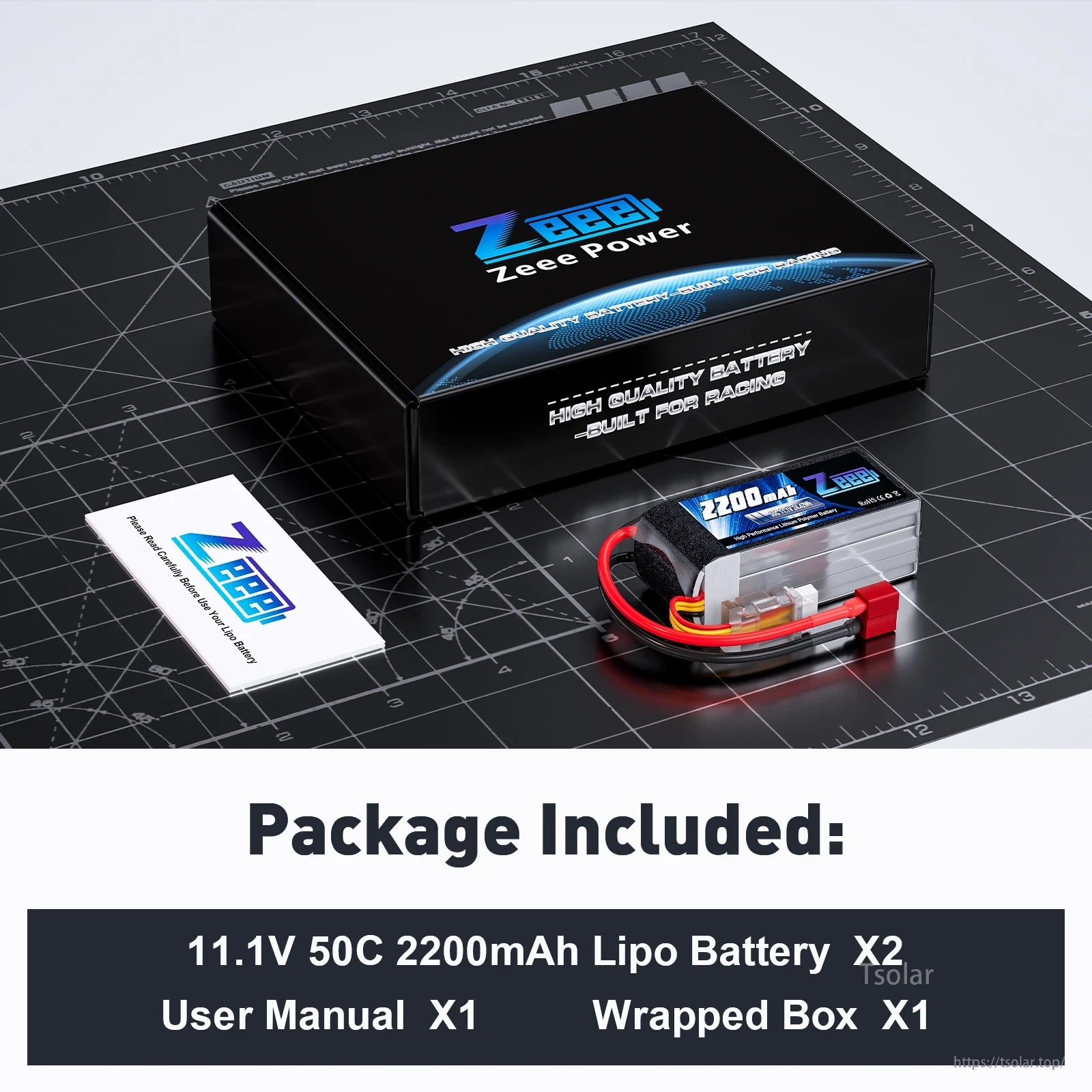 Zeee 3S 2200mAh LiPo Battery, Zeee Power 11.1V 50C 2200mAh LiPo racing battery; high quality, includes two batteries, manual, and box.