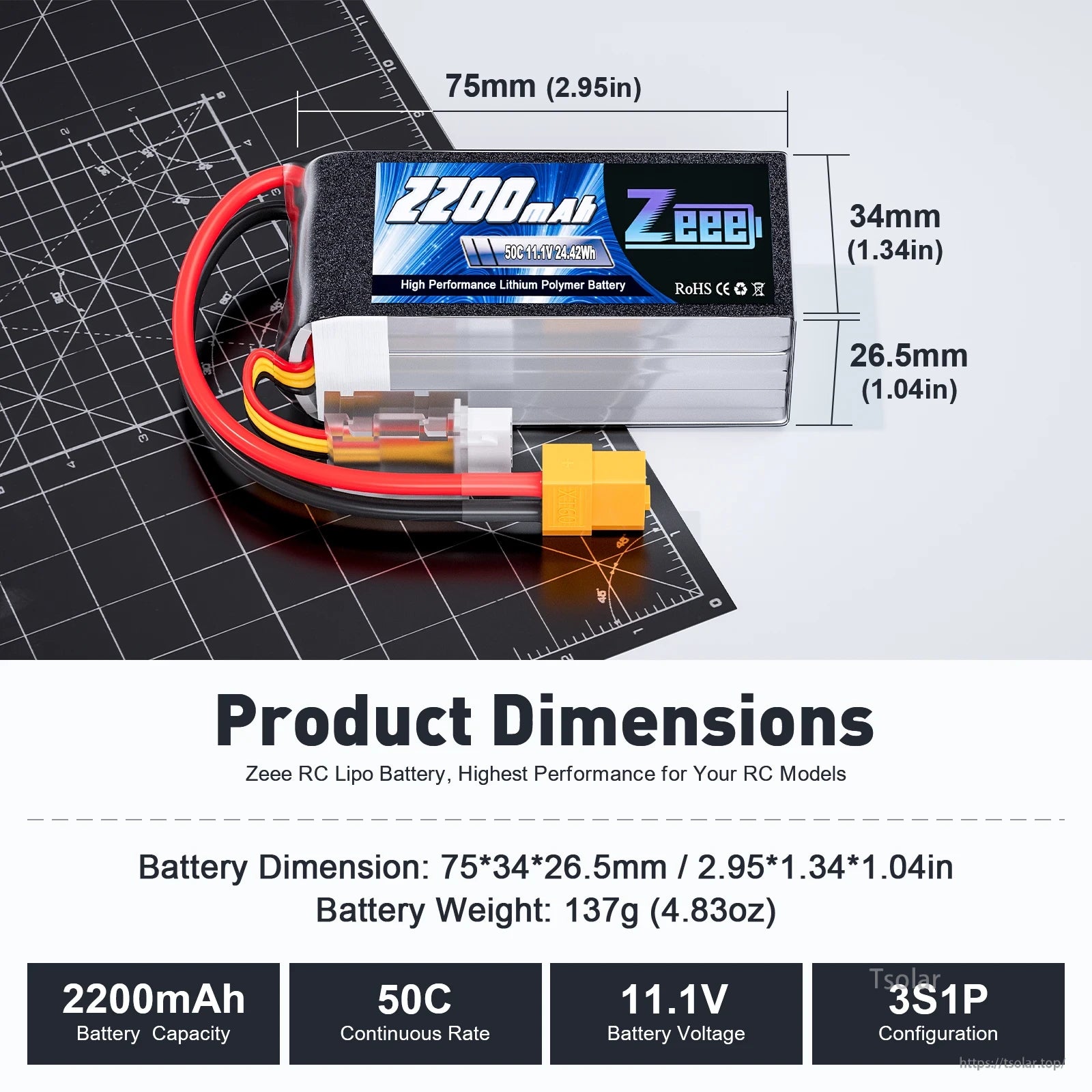 Zeee 3S 2200mAh LiPo Battery, Zeee 3S1P 2200mAh 11.1V 50C LiPo battery, 75×34×26.5mm, 137g, high-performance, RoHS compliant, ideal for RC models.