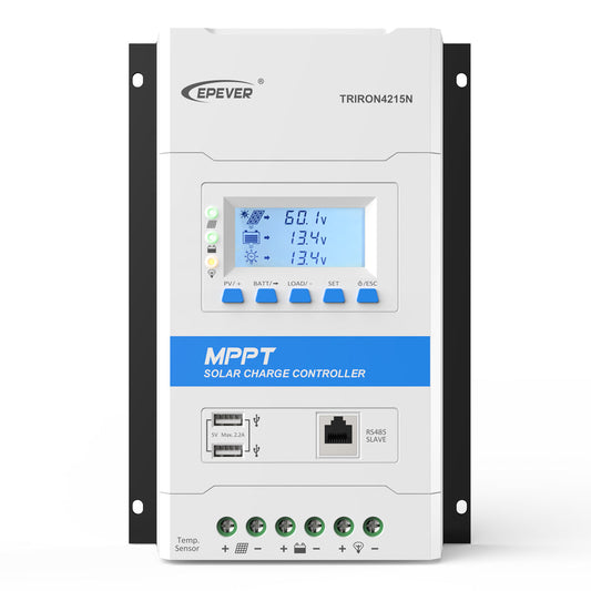 Epever TRIRON N MPPT solar charge controller with LCD display, dual USB ports, RS485 port, and wiring terminals