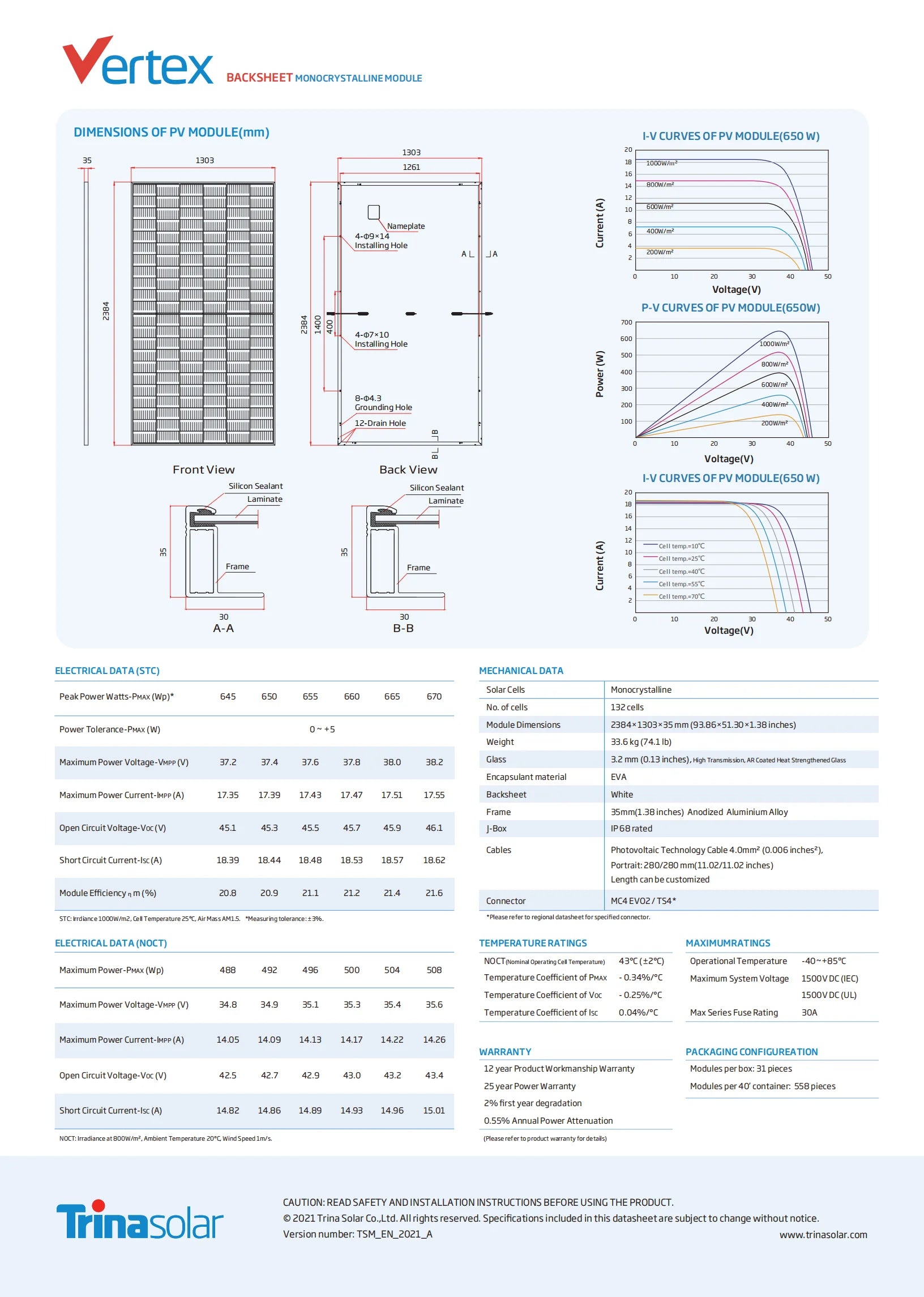 Trina Vertex 650W Solar Panel specs: power output, dimensions, and warranty details.