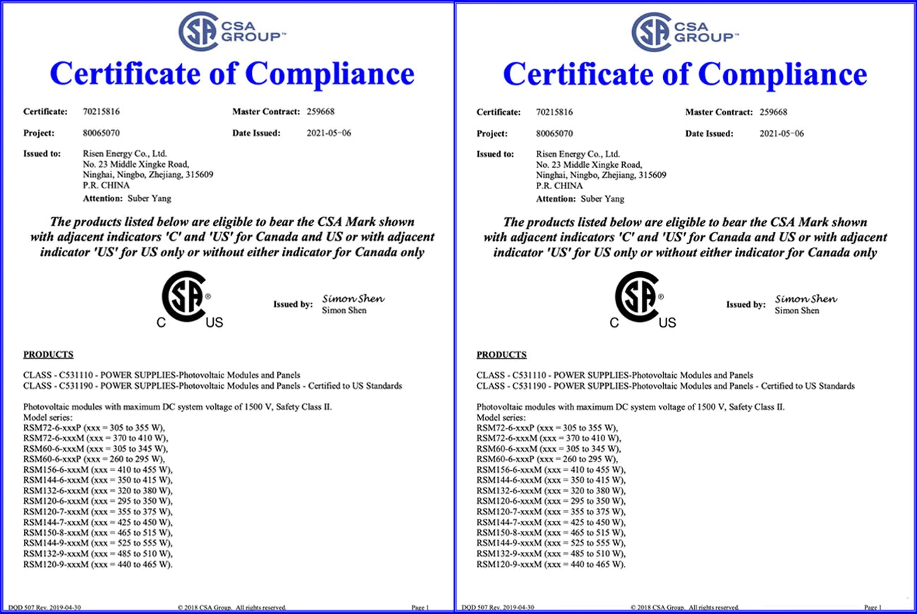 Risen 650 Watt Solar Panel, Risen Solar Panel Product Certification: Complies with US standards, certified for photovoltaic modules and fans.