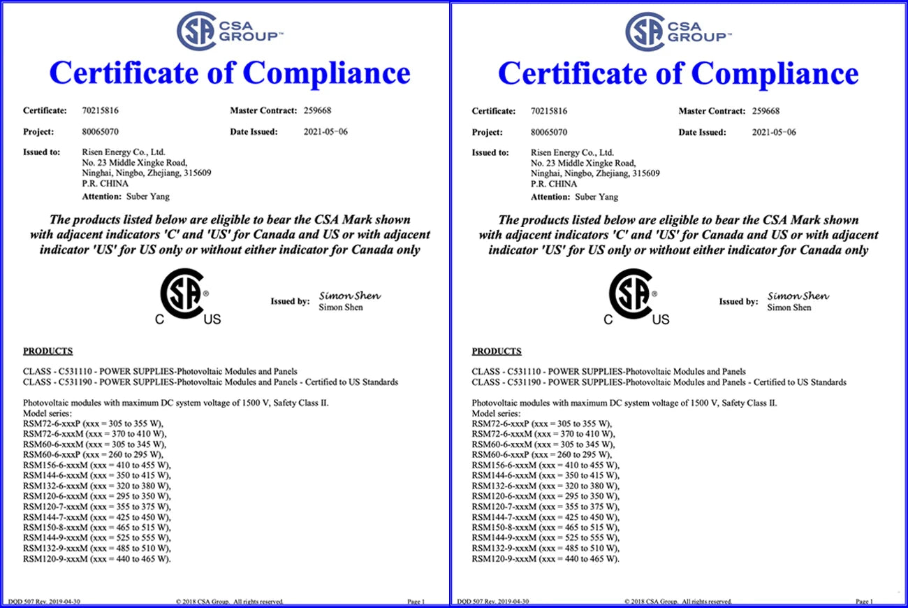 Risen 650 Watt Solar Panel, Risen Solar Panel Product Certification: Complies with US standards, certified for photovoltaic modules and fans.