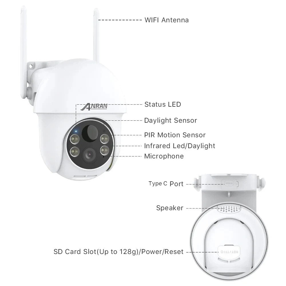 ANRAN Q1 Pro 2K 3MP Solar Camera, WIFI Antenna JANRAN Status LED Daylight Sensor PIR Motion Sensor In