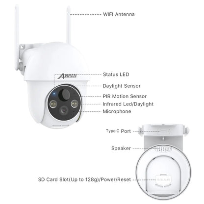 ANRAN Q3 Max 2.5K 5MP Solar Security Camera, WIFI Antenna AnRAN Status LED Daylight Sensor PIR Motion