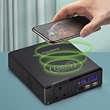 USB-C charger supports wireless smartphone charging for Qi-enabled devices, removing phone cases before charging.