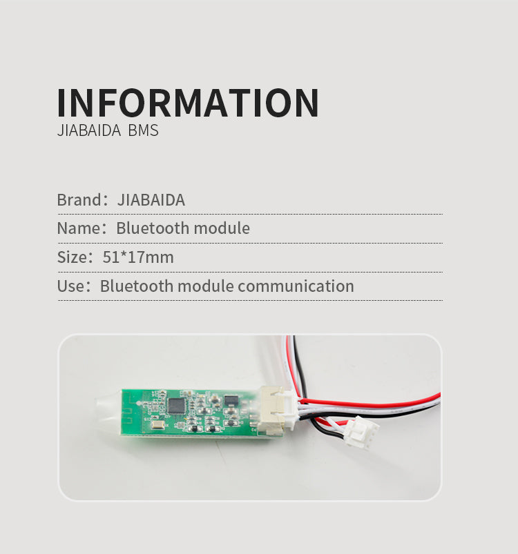 JIAABAIDA BMS Bluetooth module information graphic with size 51×17 mm and module photo