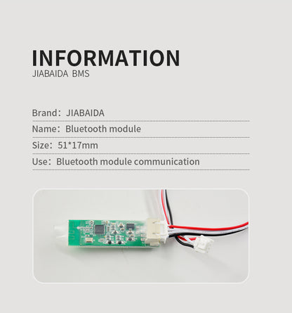 JIAABAIDA BMS Bluetooth module information graphic with size 51×17 mm and module photo