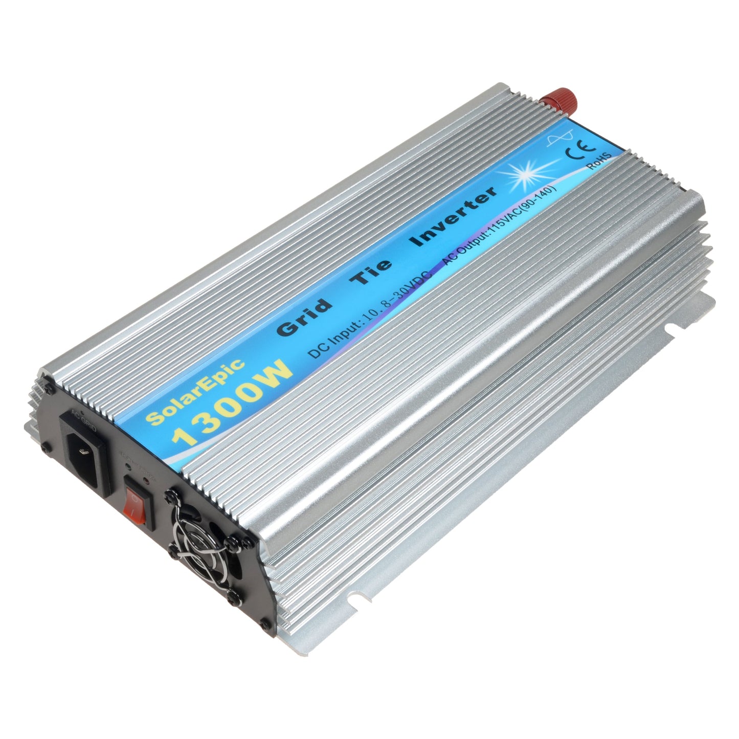 SolarEpic 1300W MPPT Grid Tie Inverter, SolarEpic 1300W grid tie inverter in finned aluminum case with cooling fan and AC outlet connection
