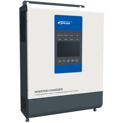 Epever UPower MPPT Inverter, Epever UPower inverter/charger with front LCD display, control buttons, and status LEDs on white housing