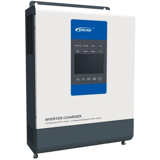 Epever UPower MPPT Inverter, Epever UPower inverter/charger with front LCD display, control buttons, and status LEDs on white housing
