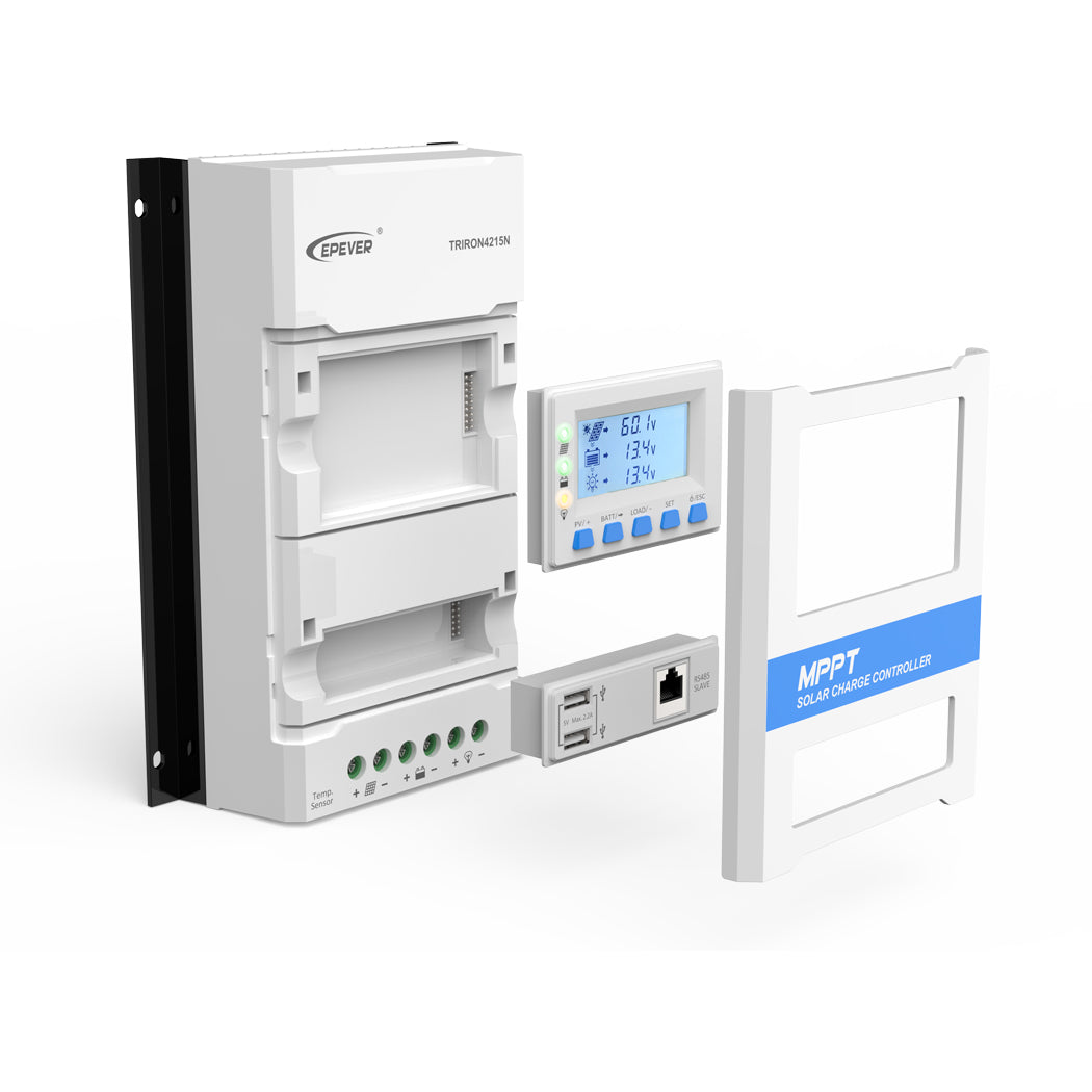 Epever TRIRON N modular MPPT solar charge controller with removable cover, LCD display, and USB/RJ45 module