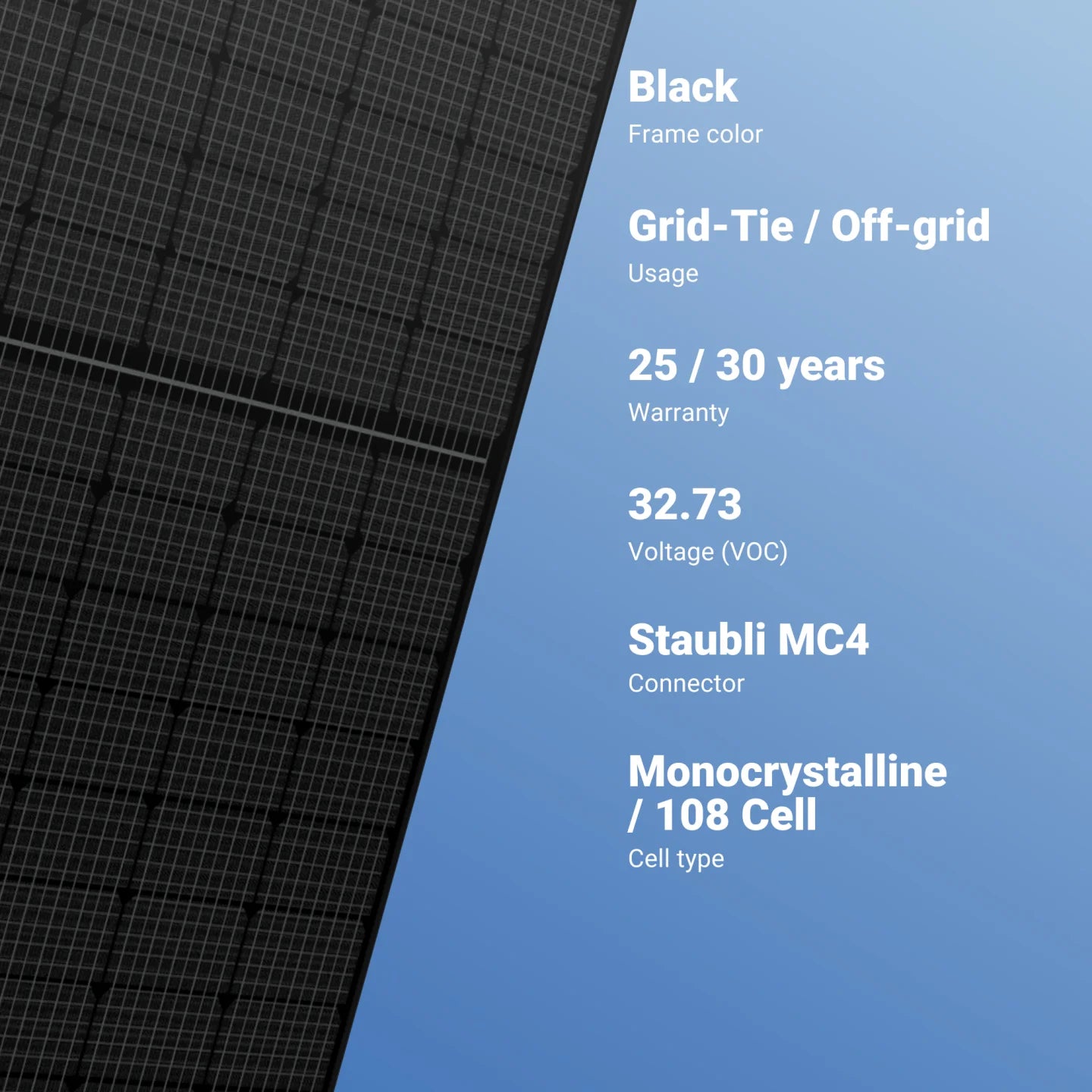 Jinko 425W Solar Panel: Monocrystalline design with black frame and Staubli connector, suitable for grid-tie or off-grid use.