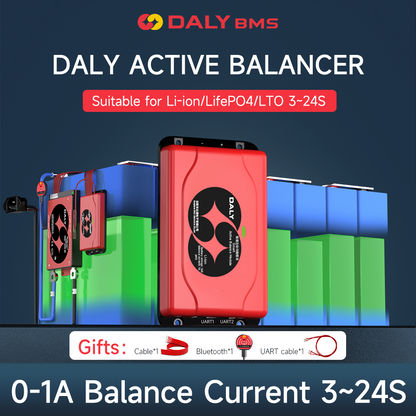 Daly Smart BMS 1A Active Balancer module shown on battery pack graphic, 3–24S balance current 0–1A