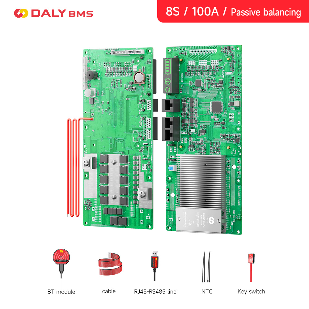 Daly Smart LiFePO4 BMS 8S 100A passive balancing set with BT module, cable, RJ45-RS485, NTC and switch