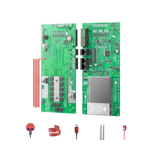 Daly Smart LiFePO4 BMS boards with heatsink, ribbon cable and accessories set on white background