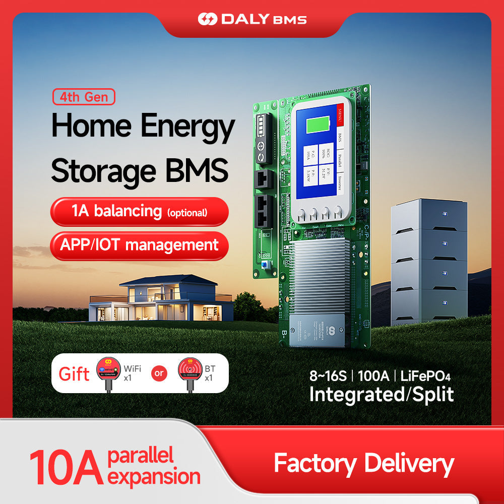Daly BMS home energy storage graphic showing BMS board with color display and 8–16S 100A LiFePO4 text