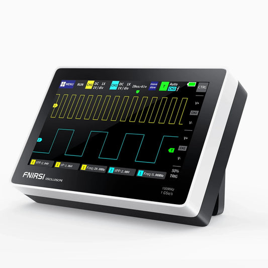 Angled front view of the FNIRSI tablet oscilloscope showing yellow and cyan waveform traces and 100MHz 1GSa/s marking.
