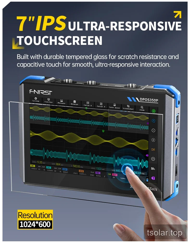 FNIRSI DPOS350P with 7-inch IPS touchscreen and 1024 by 600 resolution