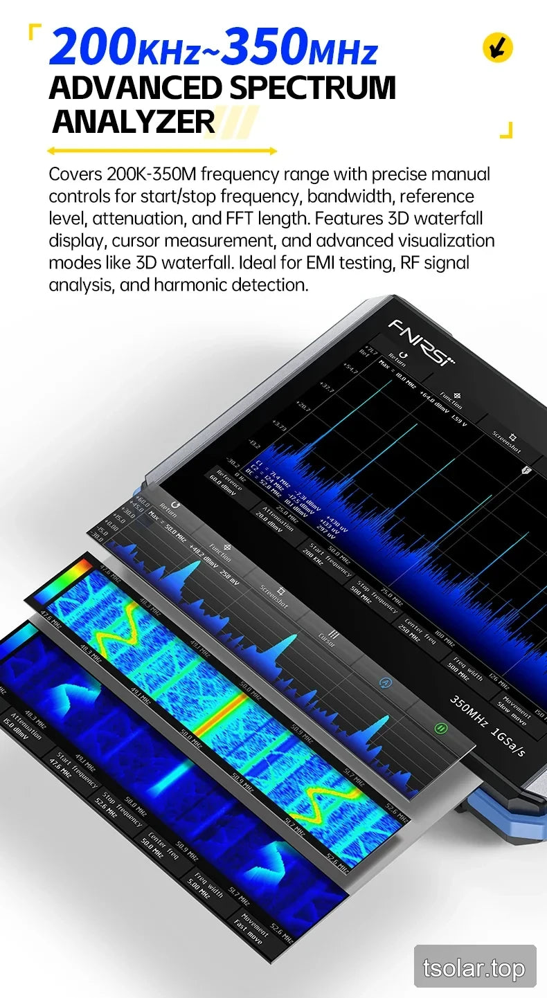 DPOS350P spectrum analyzer graphic showing spectrum and waterfall displays