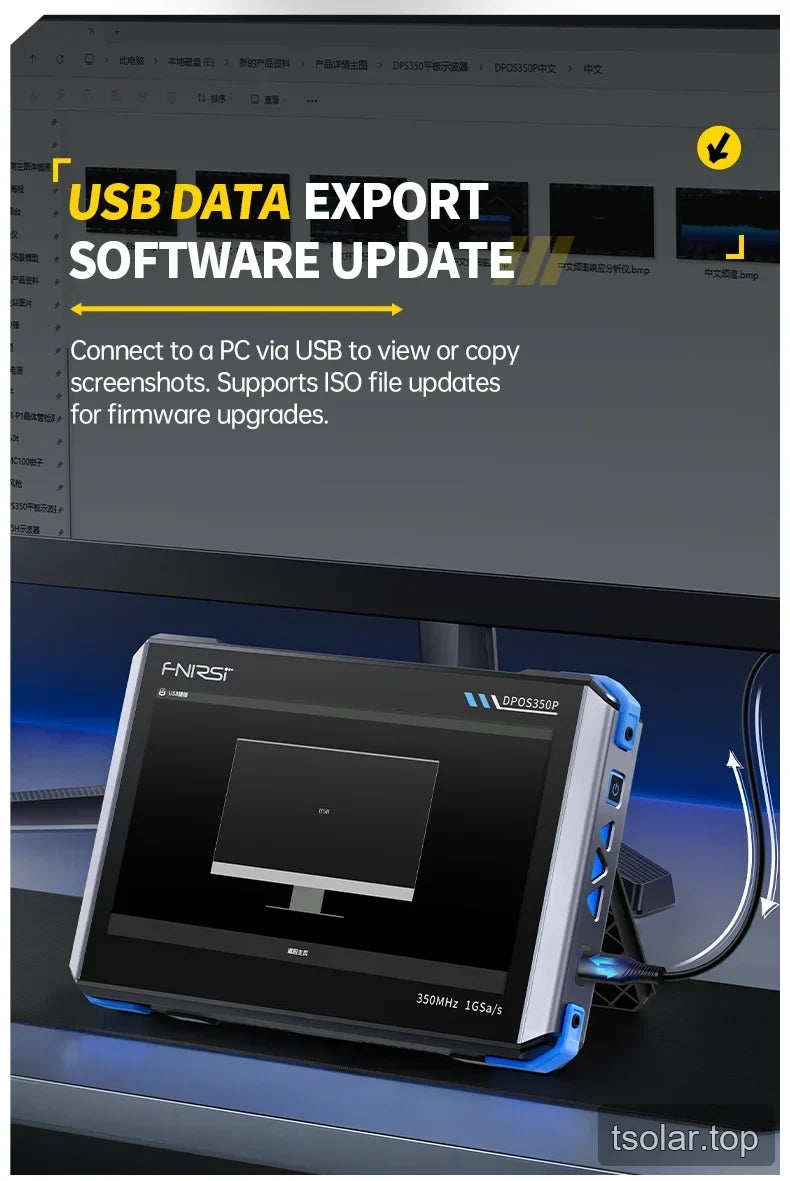 FNIRSI DPOS350P connected to a computer for USB data export and software updates