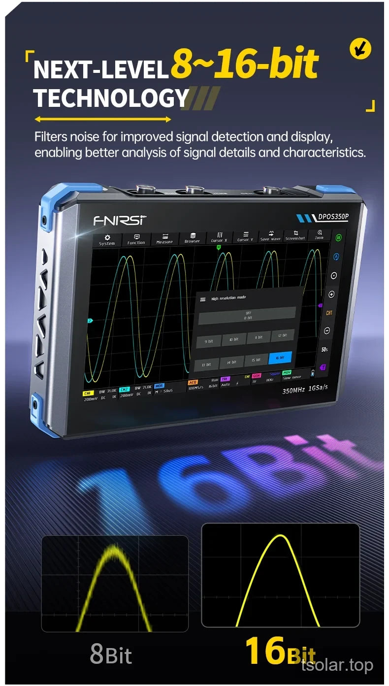FNIRSI DPOS350P oscilloscope graphic highlighting selectable 8-bit to 16-bit resolution