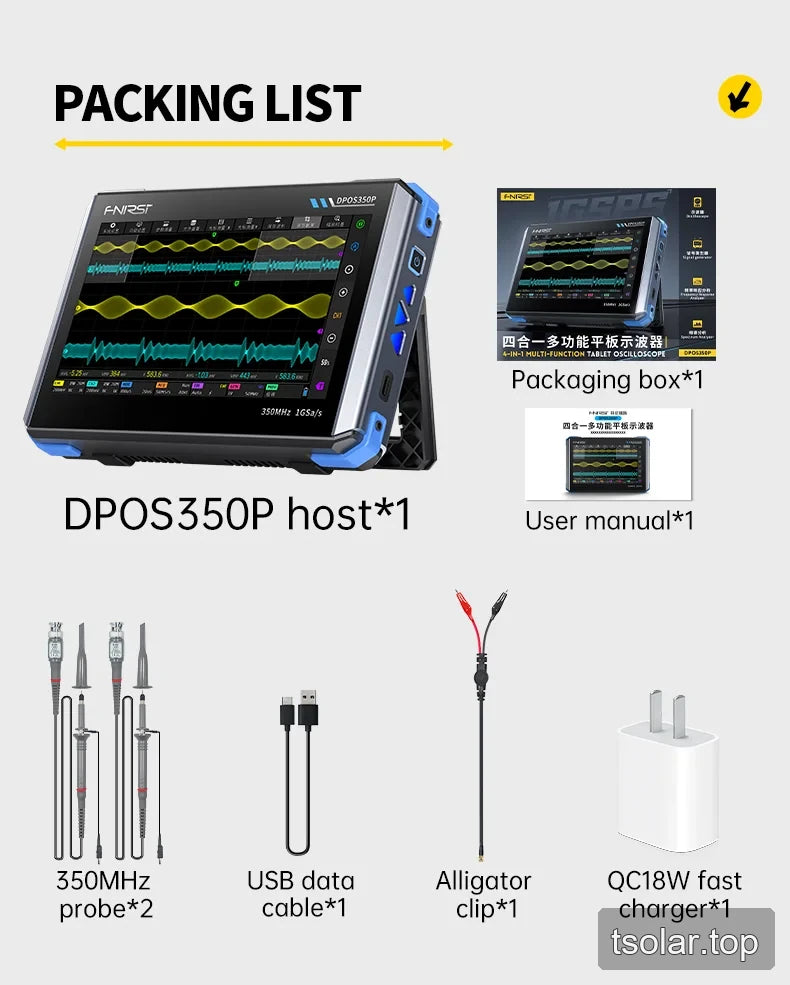 DPOS350P package contents including probes, charger, cable, clip, and manual