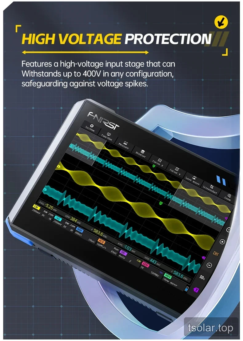 FNIRSI DPOS350P oscilloscope display with high-voltage input protection claim