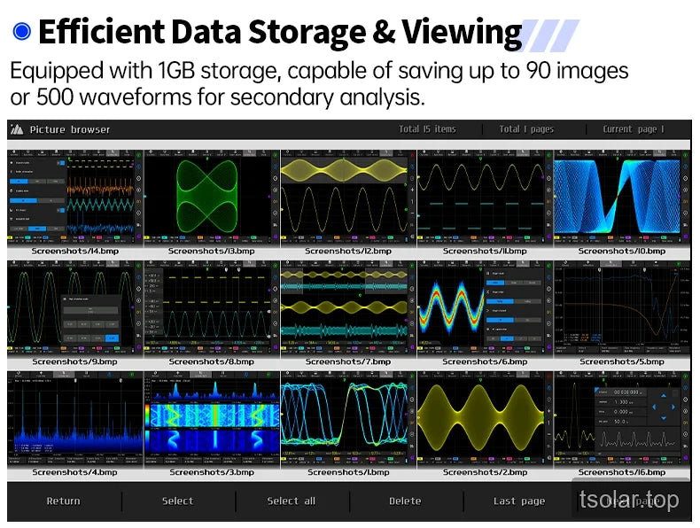 Data browser screen with stored oscilloscope screenshots and waveform thumbnails