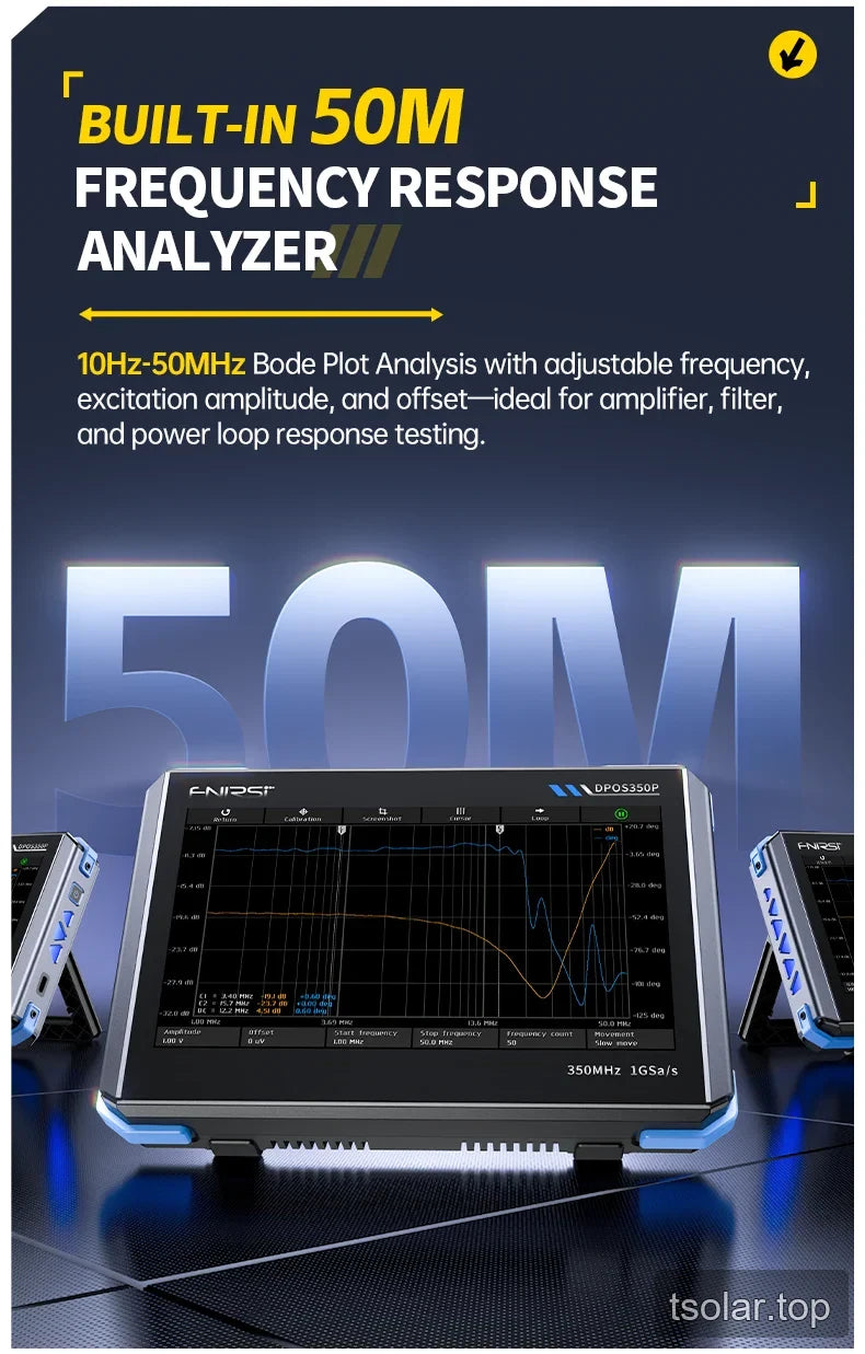FNIRSI DPOS350P frequency response analyzer displaying a Bode plot